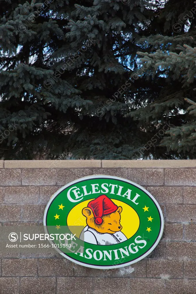 USA, Colorado, Boulder, Celestial Seasonings Tea Factory, exterior signs
