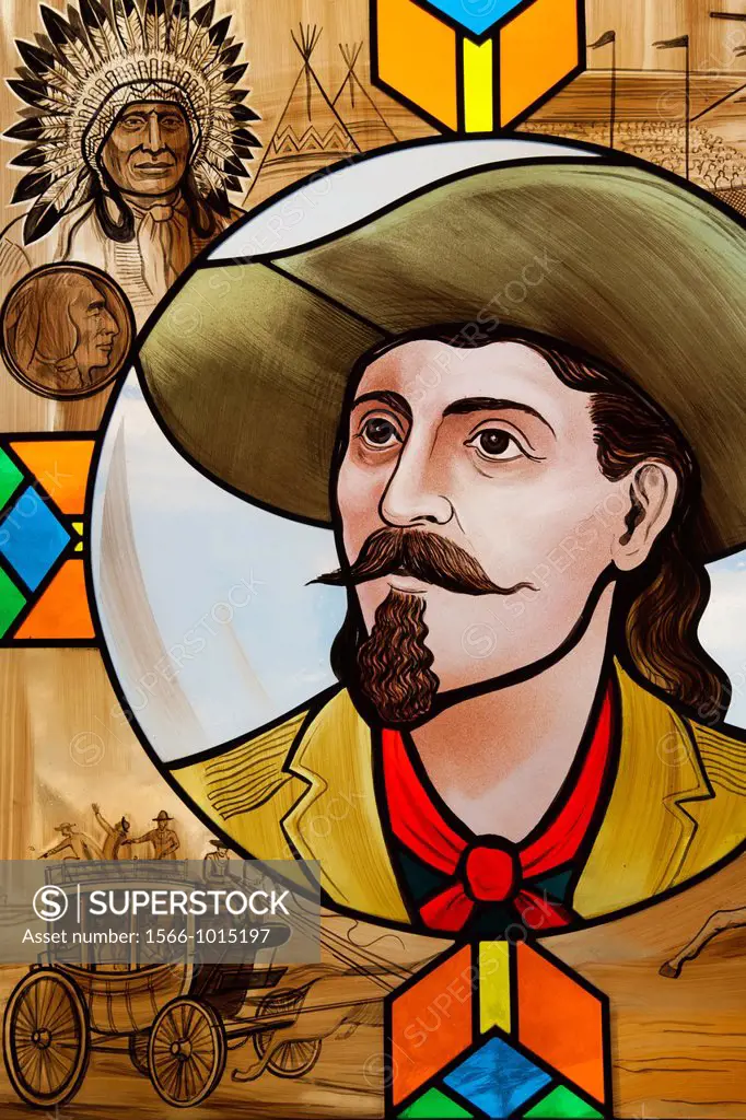 USA, Colorado, Golden, Lookout Mountain, Buffalo Bill Museum, museum stained glass window