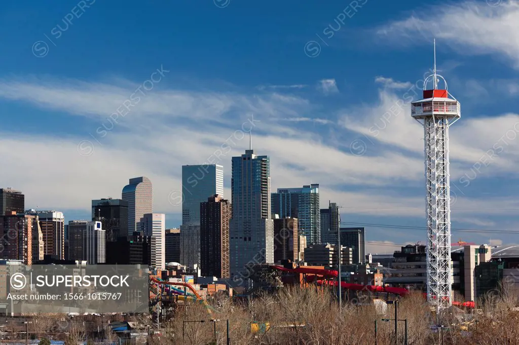 USA, Colorado, Denver, city view from the west, late afternoon with Elitch Gardens theme park tower