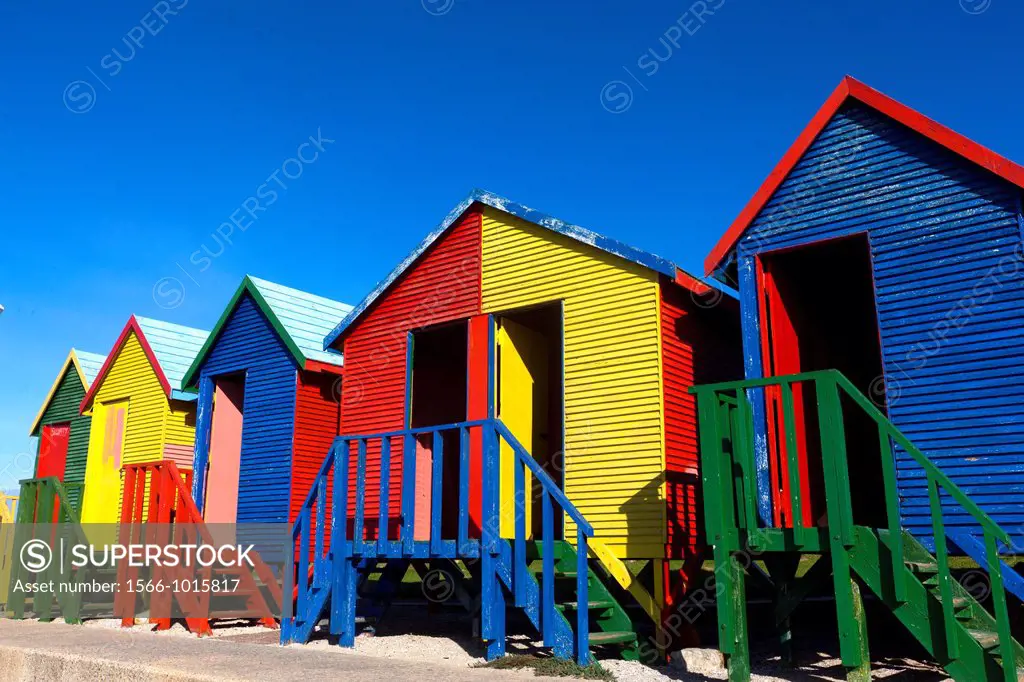 South Africa, Western Cape, Cape Peninsula, False Bay ,Muizenberg, St James beach cabins.