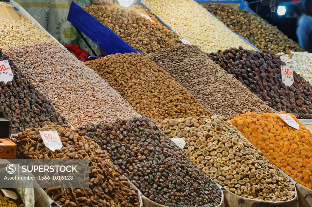 nuts and dried fruits for sale at the Djemma el Fna in Marrakech, Morocco