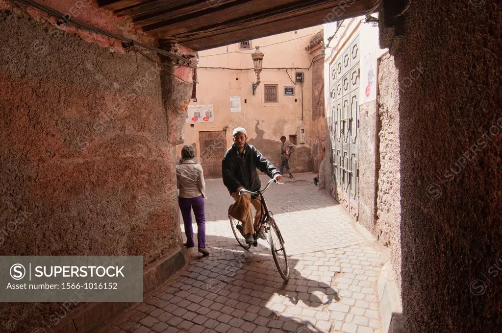 cobbled streets, narrow passageways, and traditional architecture in the ancient medina in Marrakech, Morocco