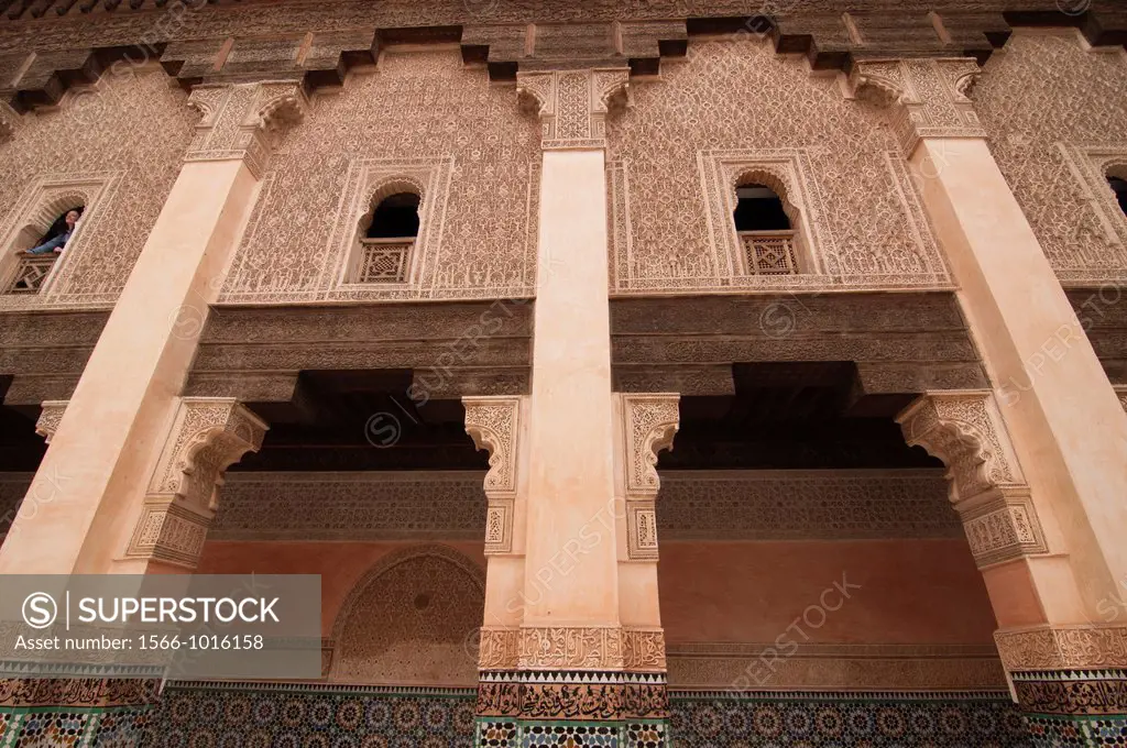 intricate design on the Ali ben Youssef Medersa in Marrakech, Morocco