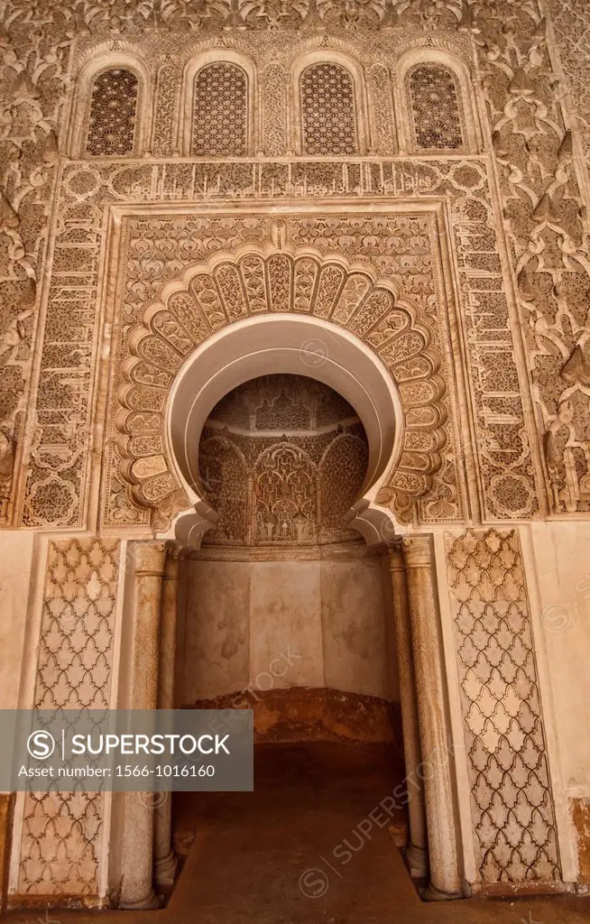 intricate design on the Ali ben Youssef Medersa in Marrakech, Morocco