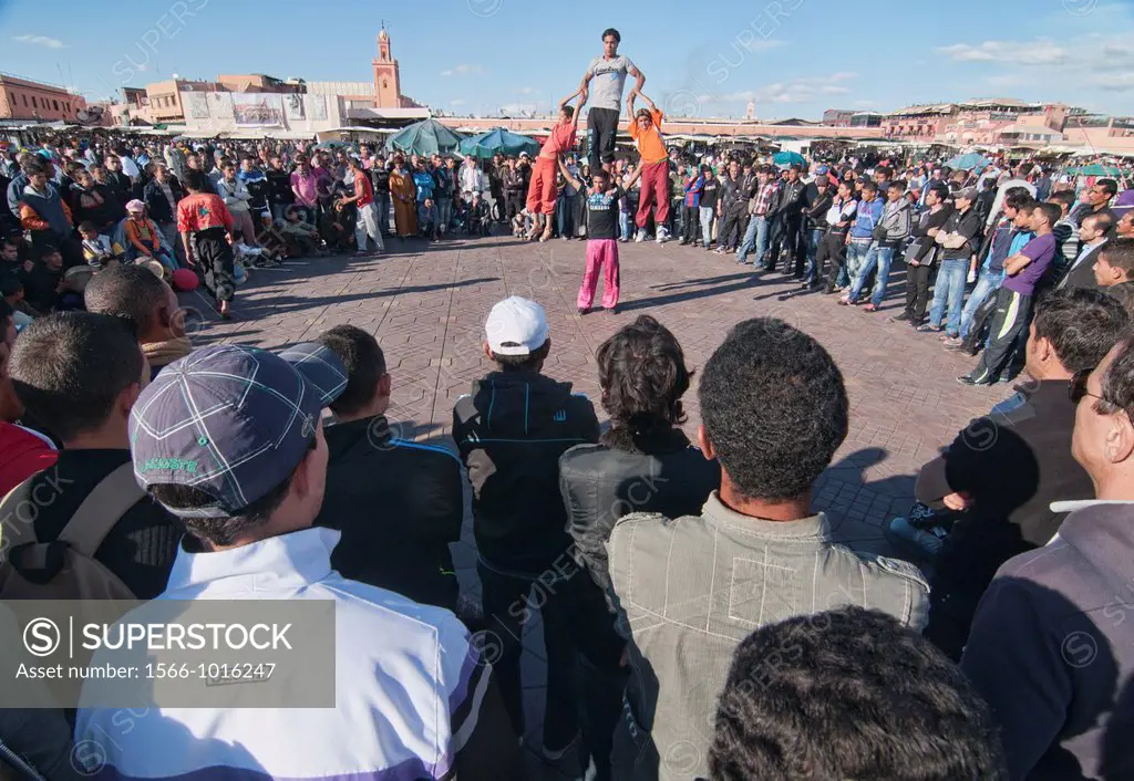 acrobatic performers at the Djemma el Fna Square in Marrakech, Morocco