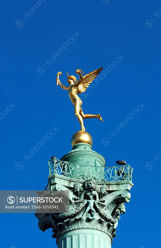 Golden Angel on the Top to the Column, Place de la Bastille in Paris
