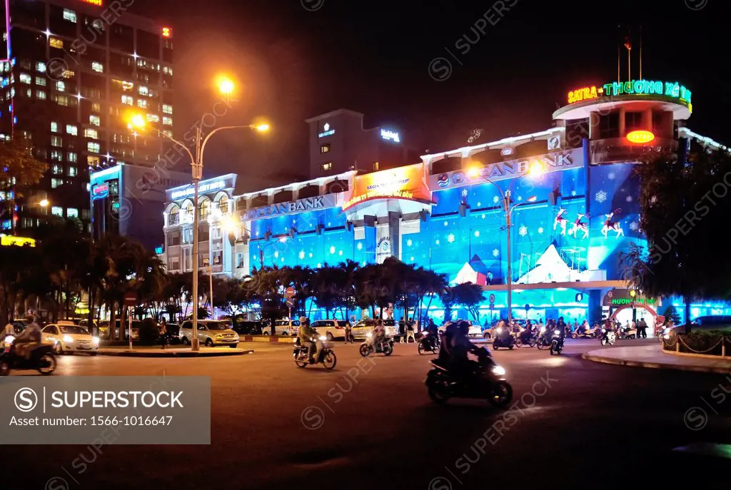 Oceanbank and Saigon Trading group building at night, Ho Chi Minh City, Vietnam