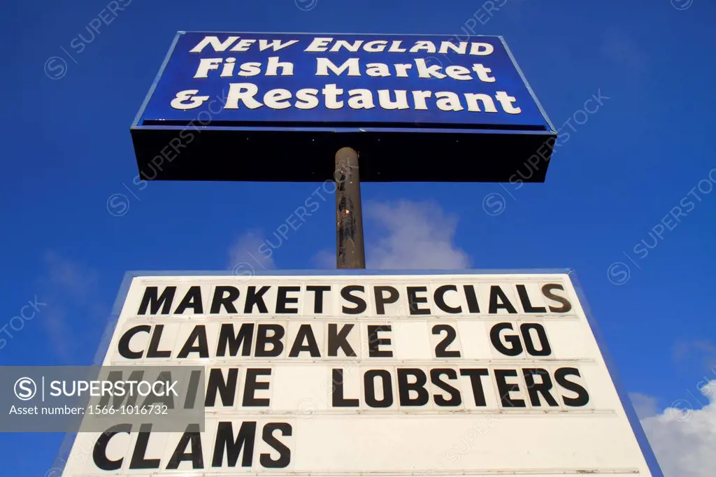 Florida, Jensen Beach, New England Fish Market & and Restaurant, sign, promotion, Maine lobsters, clams, seafood,