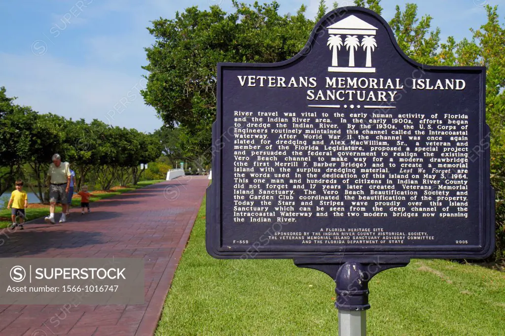 Florida, Vero Beach, Riverside Park, Veterans Memorial Island Sanctuary, sign, Florida Heritage Site, grandfather, senior, man, grandchildren, boy,