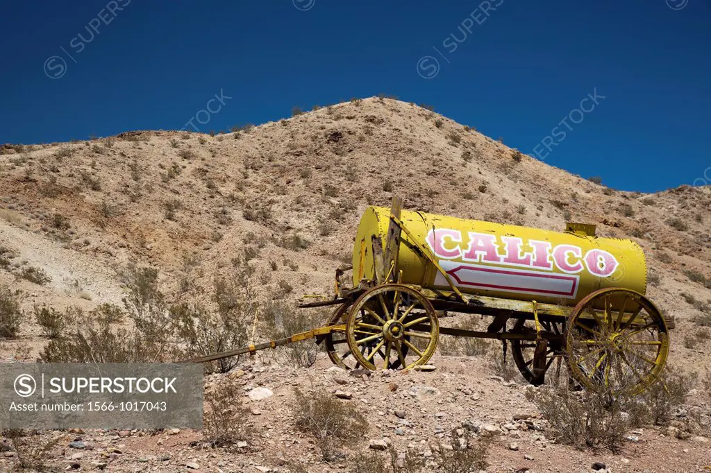 Barstow, California - A water wagon at Calico Ghost Town, an 1880s silver mining town in the Mojave Desert that has been restored as a tourist attract...