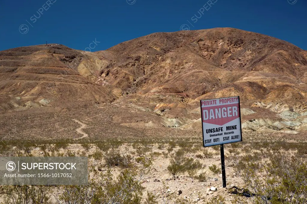 Barstow, California - A sign warns visitors to stay away from unsafe mines in the Mojave Desert