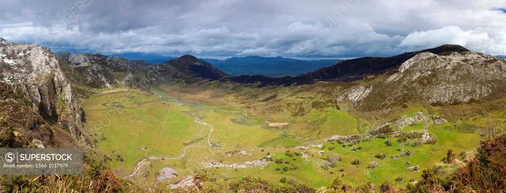 A view northwards near Mirador del Principe over Vega de Comeya, Picos de Europa National Park, Asturias,