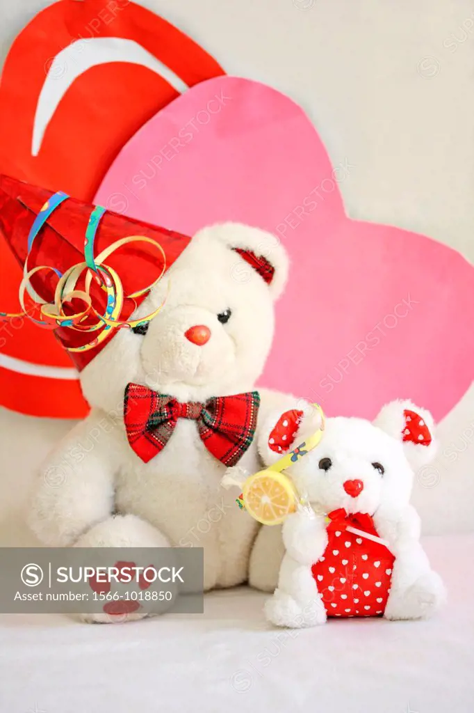 Two Valentine Bears sit on a white tablecloth with white backdrop with two paper eharts  One heart is pink and the other is red  The large white bear ...