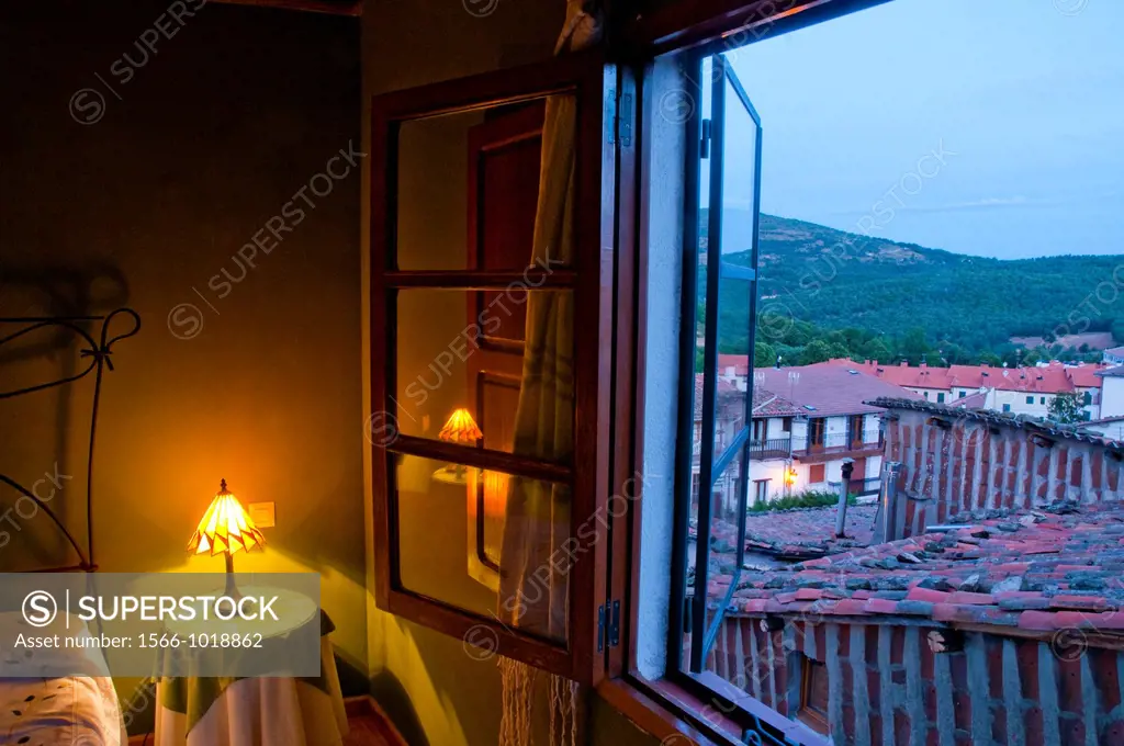 View of the village from a hotel window at dawn. Candelario, Salamanca province, Castilla Leon, Spain.