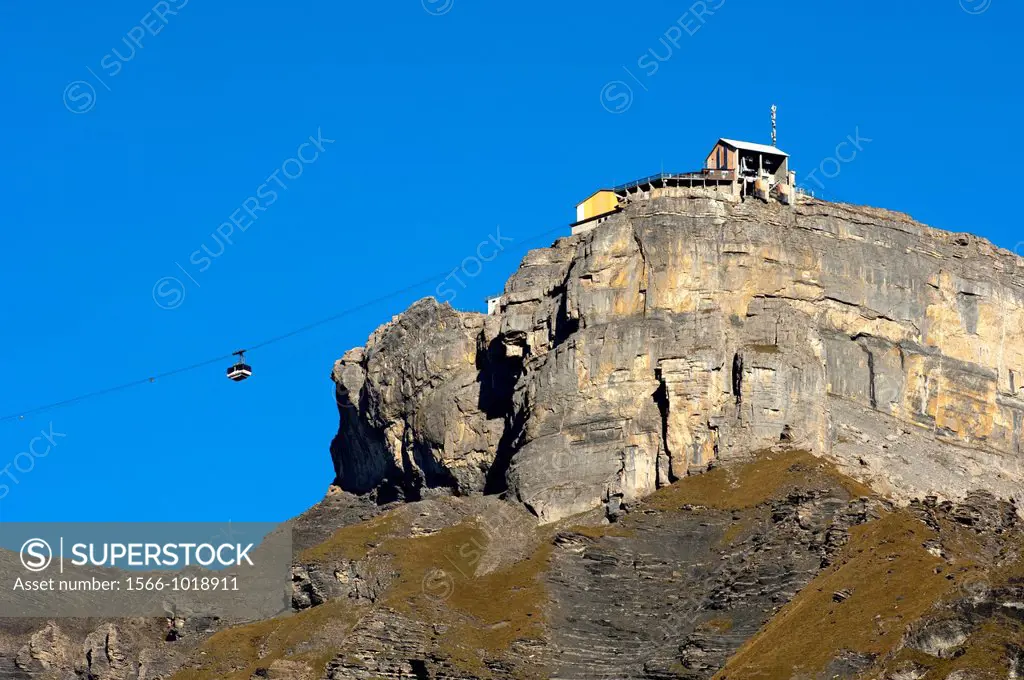 The rock face of Mt Birg with the mid station of the Schilthorn cable car, hiking area Muerren, Bernese Oberland, Switzerlandwitzerland