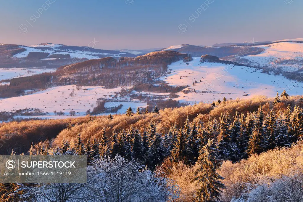 View over Winter Landscape from Kreuzberg to Arnsberg Mountain, Rhoen Mountain, Bavaria, Germany