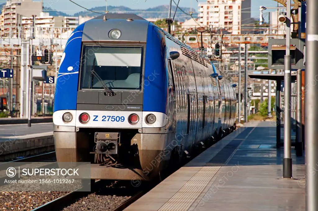 train departing from railway station, St Charles - main train station in Marseille, France