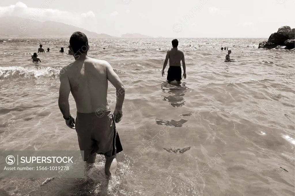 people swimming in Mediterranean Sea, Prophet beach, Marseille, Bouches-du-Rhone, Provence- Alpes-Cote d´Azur, France, Europe
