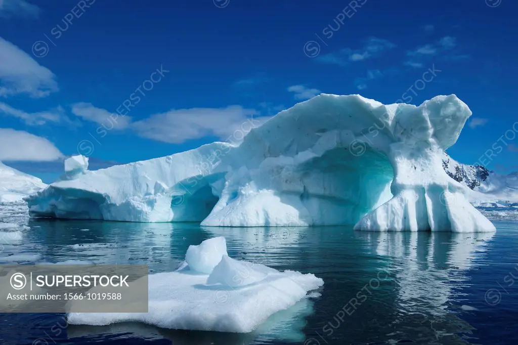 An iceberg reminiscent of Peter Pan´s Skull Rock floats in Skontorp Cove on the Antarctic Penninsula.