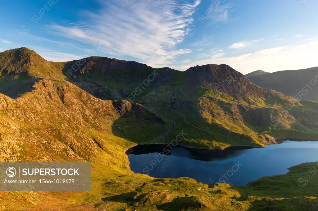 The Snowdon Horseshoe from Lliwedd Bach with Snowdon on the left, Garnedd Ugain mountain and Llyn Llydaw lake in the centre and Crib Goch on the right...