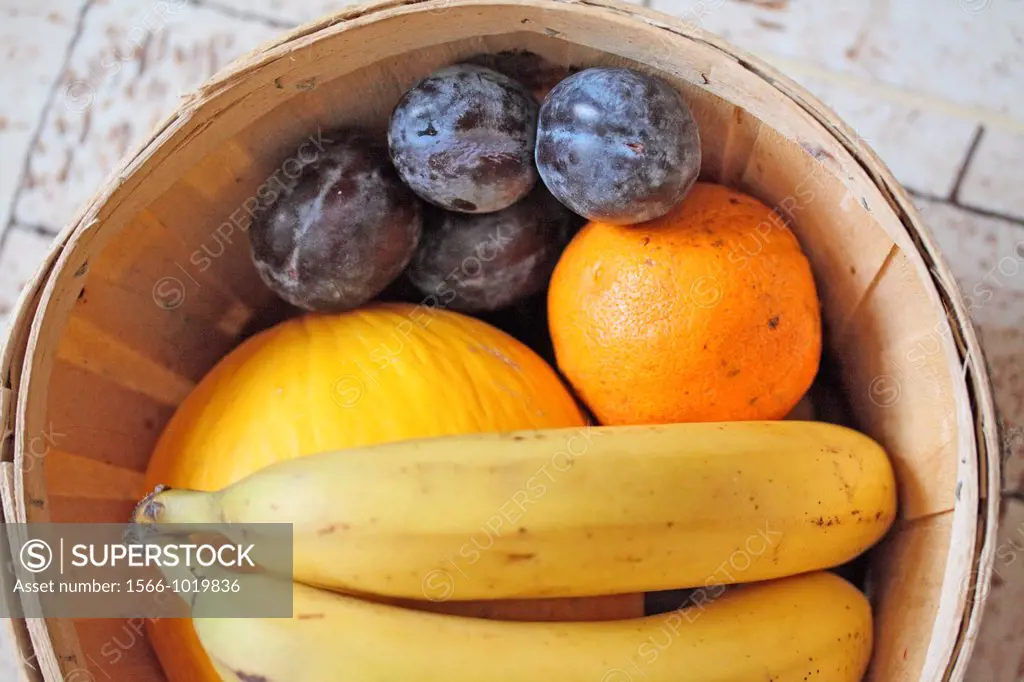 Bananas and plums in a basket  Fruit in a basket  Bananas, plums, melon and an orange in small bushel basket