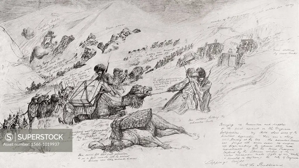 The Russian army bringing up guns and ammunition for the assault at Erzurum, Turkey during World War One  From The Year 1916 Illustrated