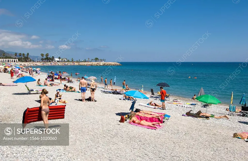 Menton, South of France, Summer holiday at the beach, Families relaxing