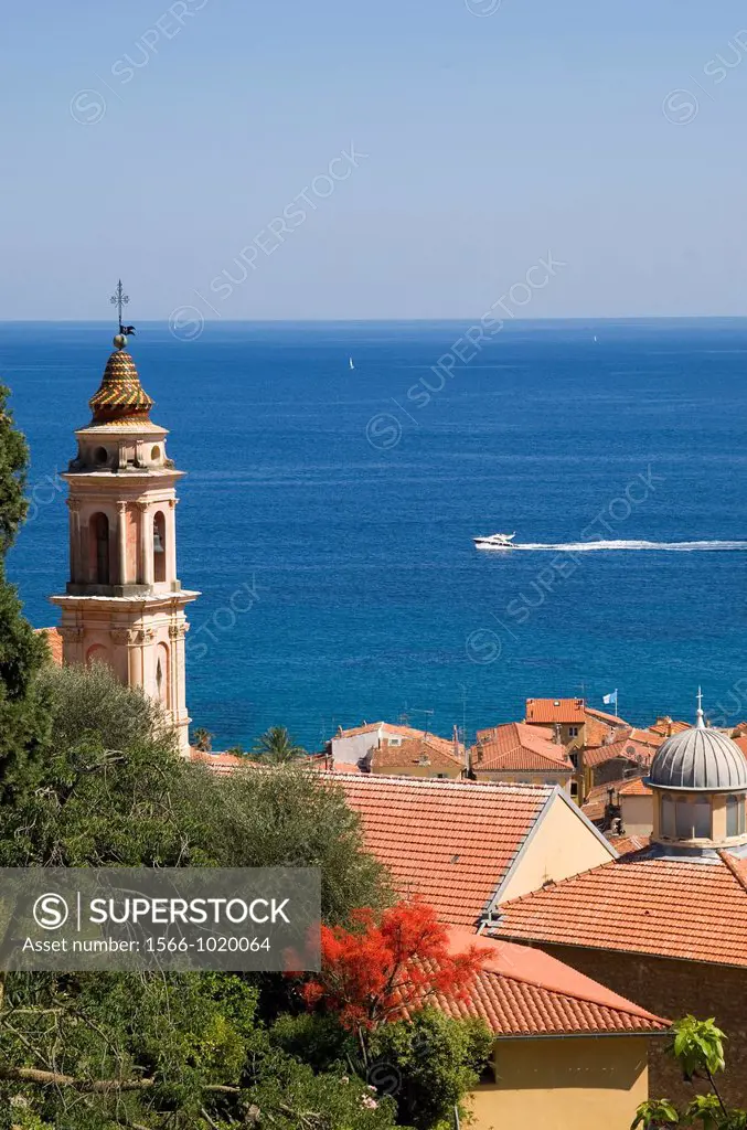 Menton, South of France, Basilica of St Michel above the rooftops in the Old Town, Mediterrannean backdrop