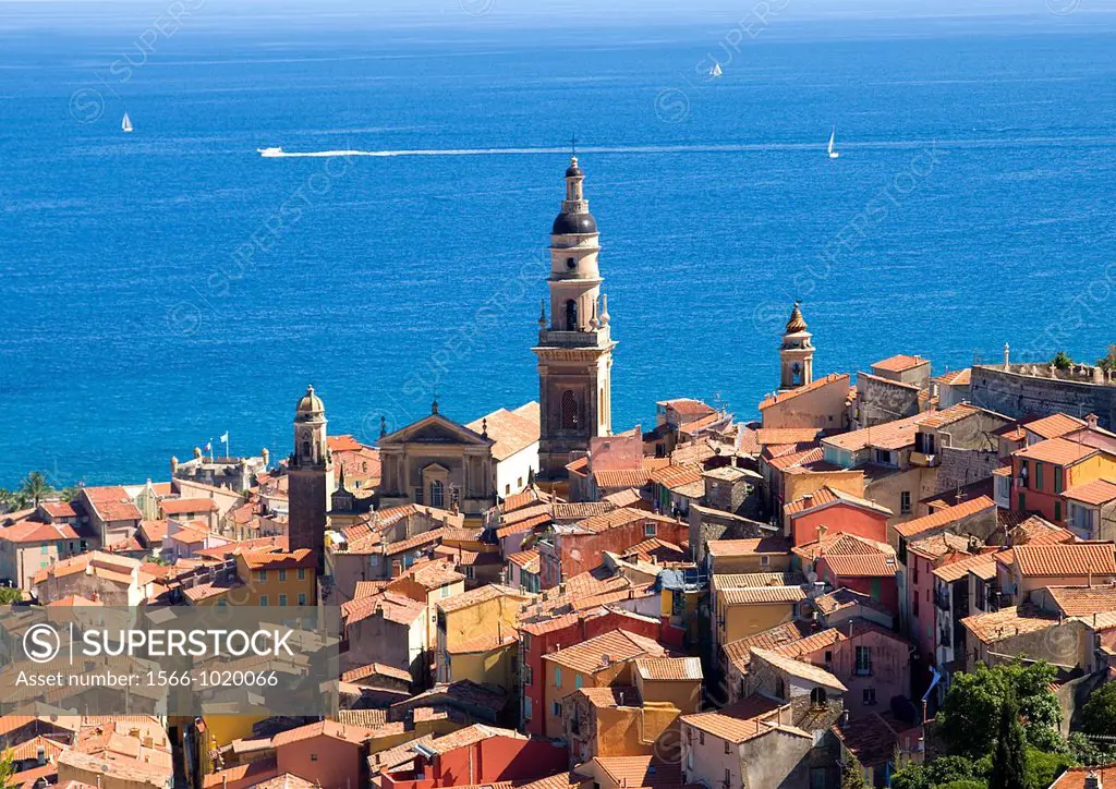Menton, South of France, Basilica of St Michel above the rooftops in the Old Town, Mediterrannean background