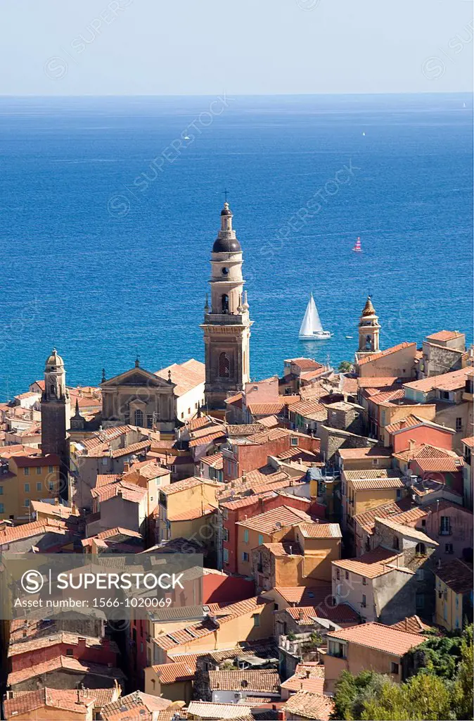 Menton, South of France, Basilica of St Michel above the rooftops in the Old Town, Mediterrannean sailing backdrop