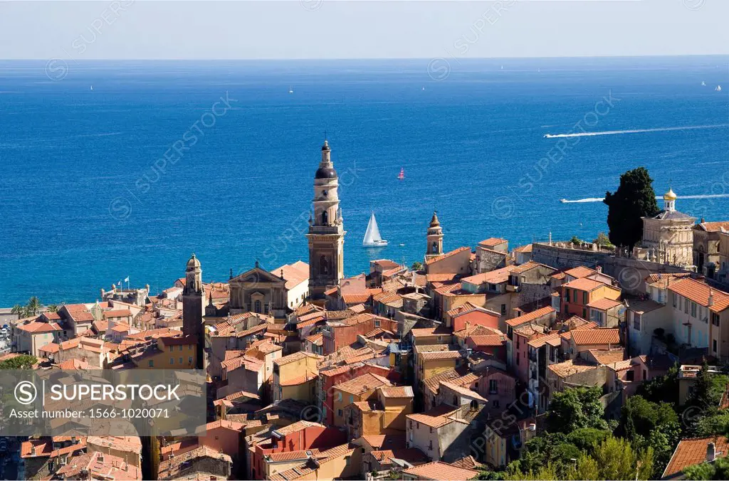 Menton, South of France, Basilica of St Michel above the rooftops in the Old Town, Mediterrannean sailing backdrop