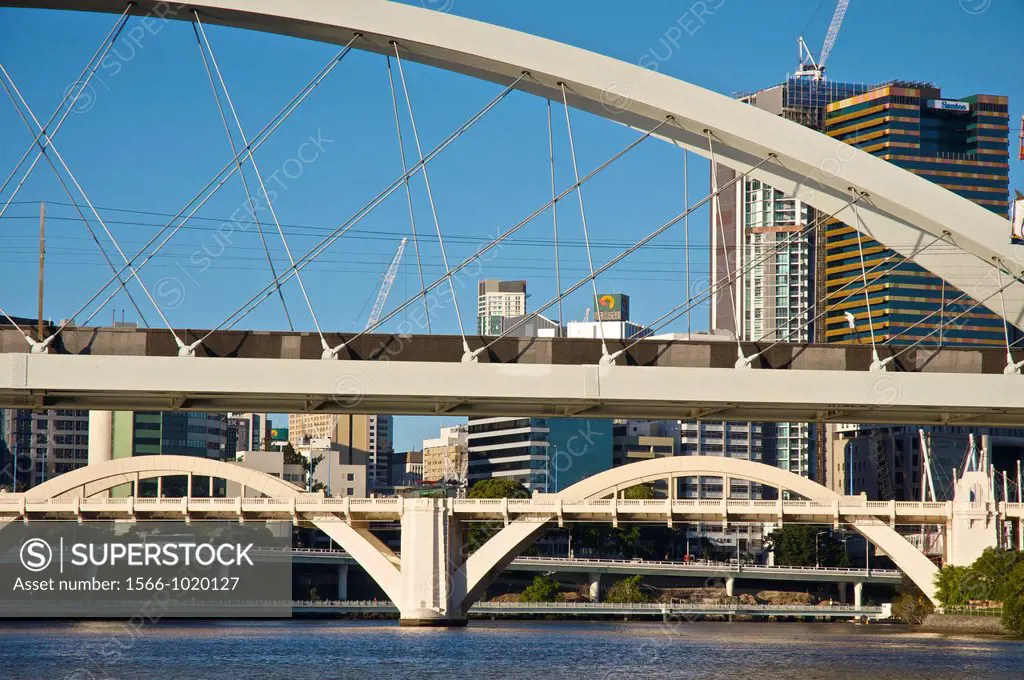 Skyline from City Cat in the Brisbane River, with the Meryvale and the William Jolly Bridges, Brisbane, Australia