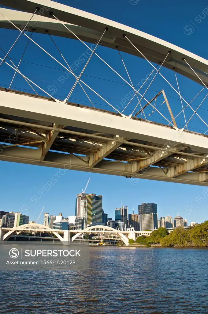 Skyline from City Cat in the Brisbane River, with the Meryvale and the William Jolly Bridges, Brisbane, Australia