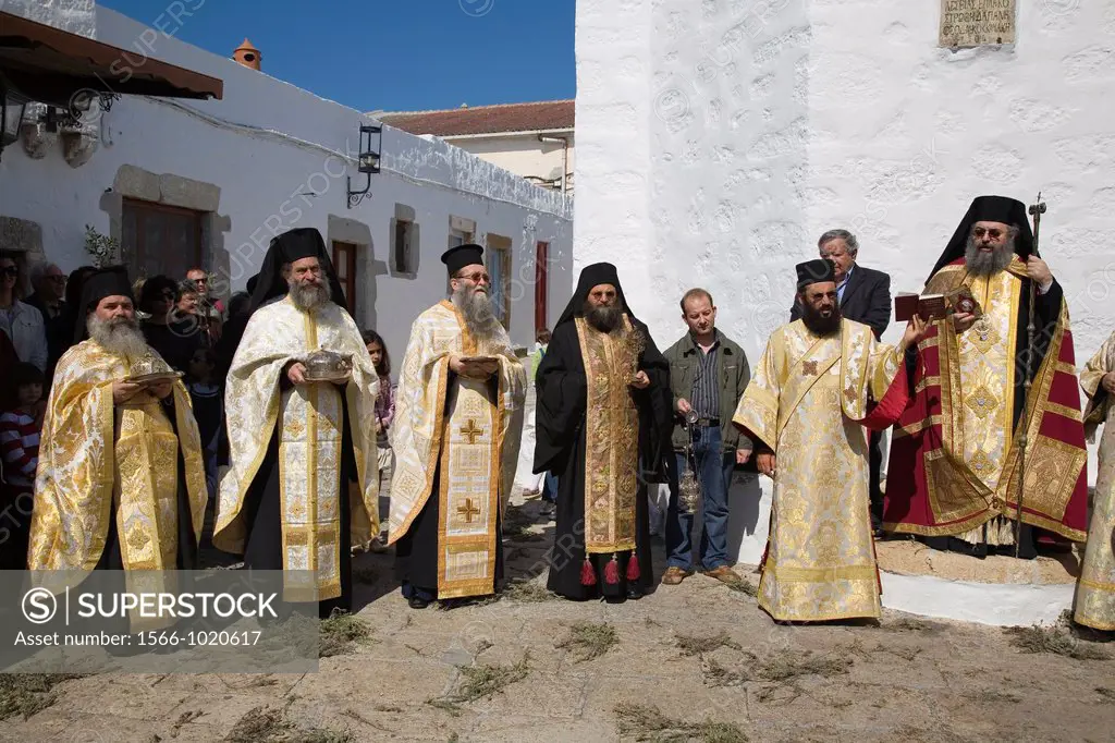 europe, greece, dodecanese, patmos island, chora, orthodox easter time, procession of the icons, aromatic myrrh on the floor, monks