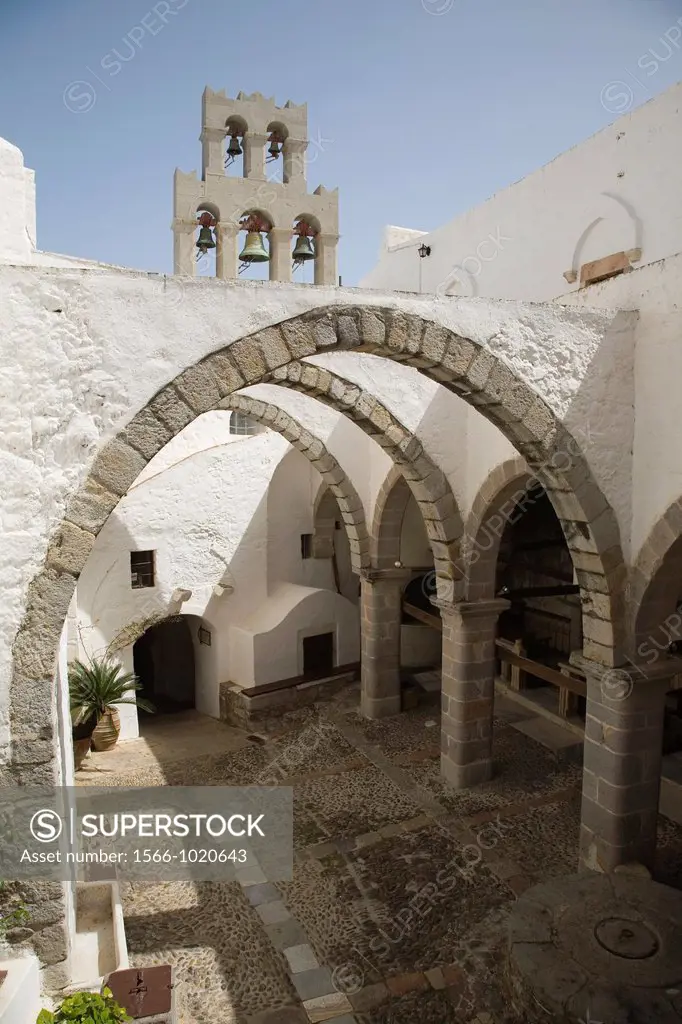 europe, greece, dodecanese, patmos island, chora, monastery of saint john theologian, arcade of the church front