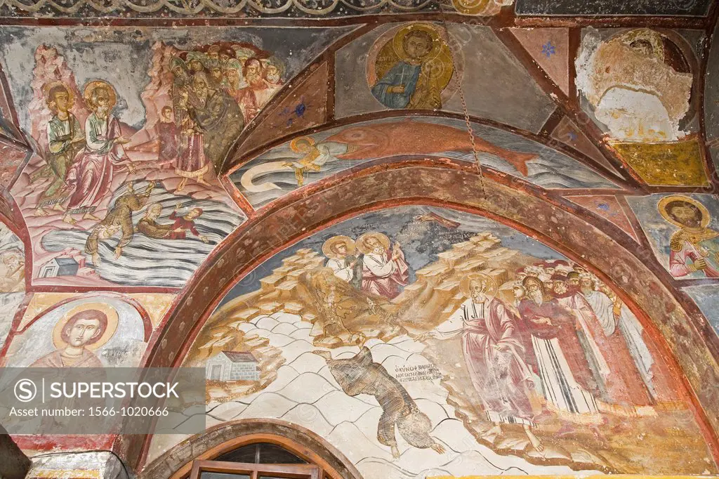 europe, greece, dodecanese, patmos island, chora, monastery of saint john theologian, arcade of the church front, frescos representing the life of sai...