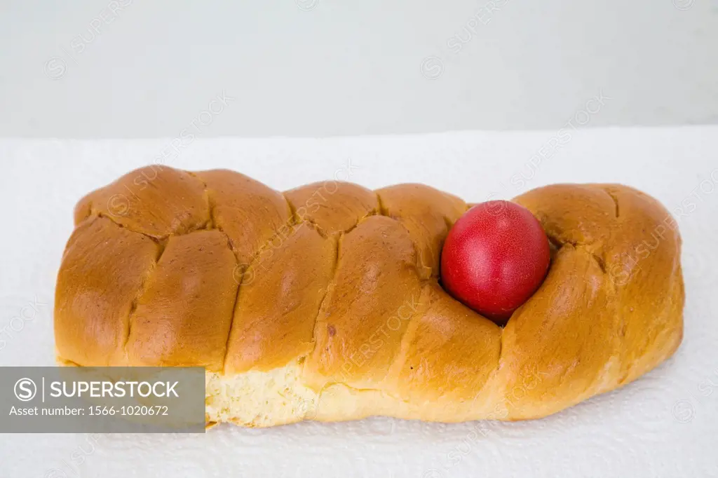 europe, greece, dodecanese, patmos island, easter, bread with red eggs made for the easter time