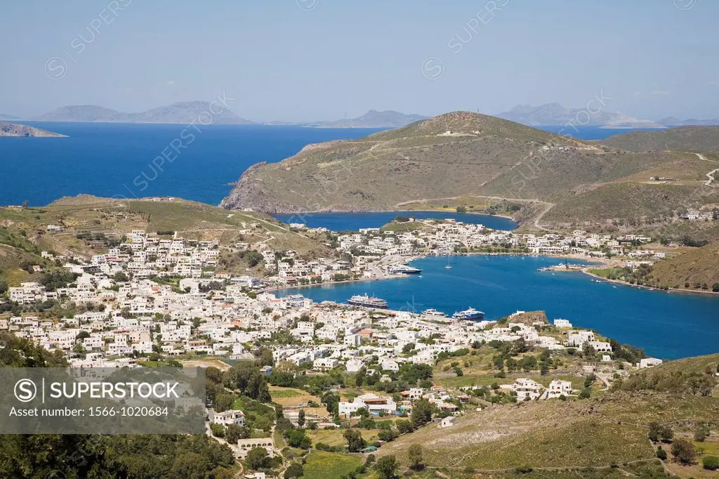 europe, greece, dodecanese, patmos island, panoramic view of skala