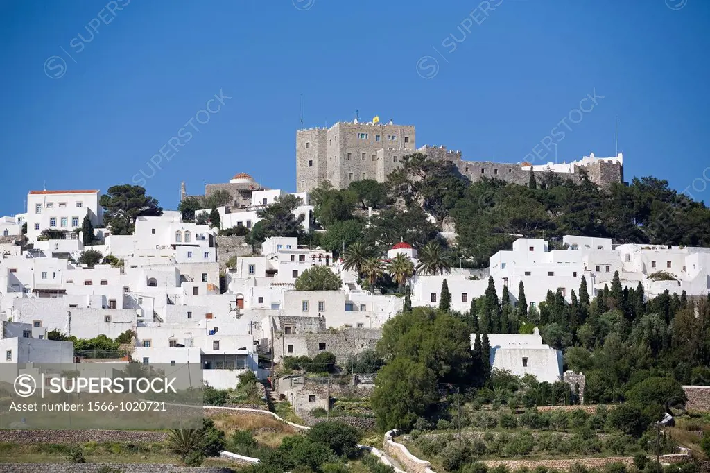 europe, greece, dodecanese, patmos island, chora village and monastery of saint john theologian
