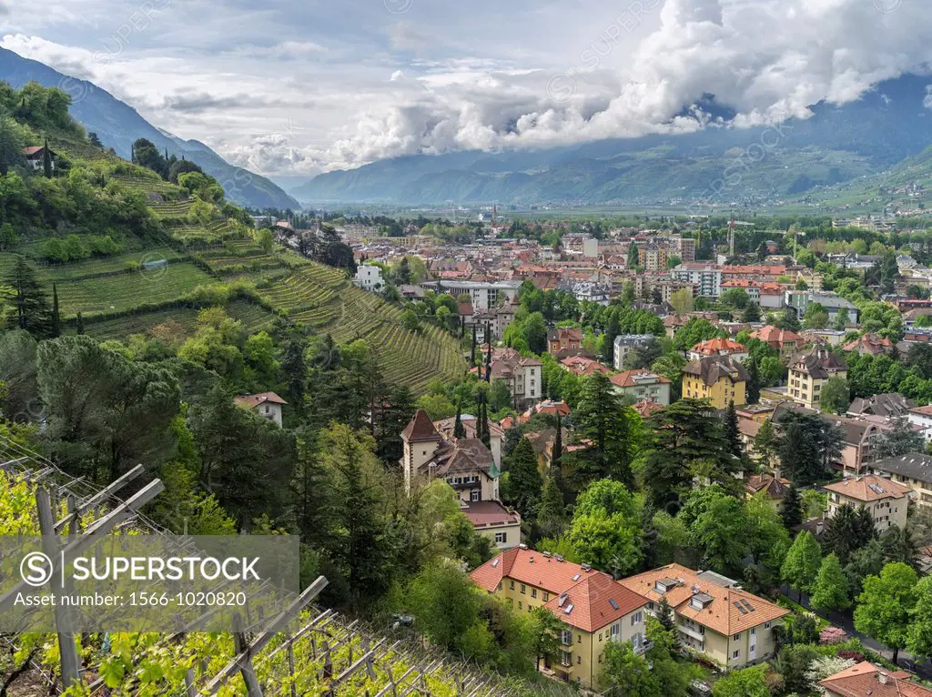 View over the city of Meran Merano and the Etsch Valley during spring Europe, Central Europe, Italy, South Tyrol, April