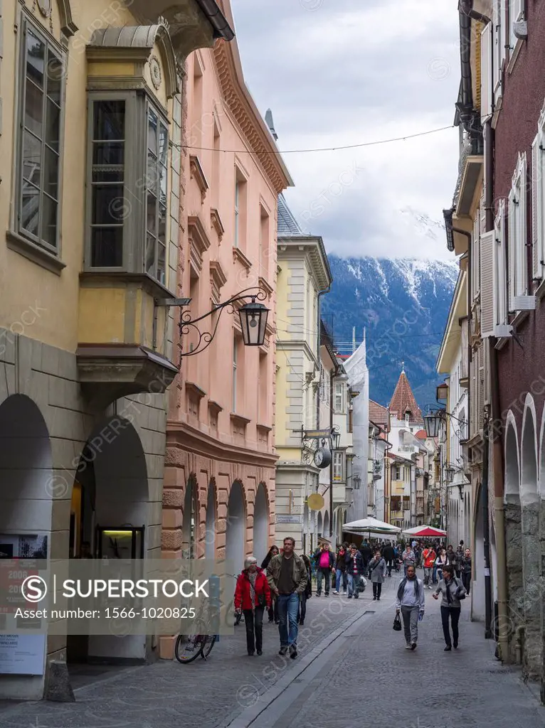 City of Meran Merano with cthe old town with pedestrians Europe, Central Europe, Italy, South Tyrol, April