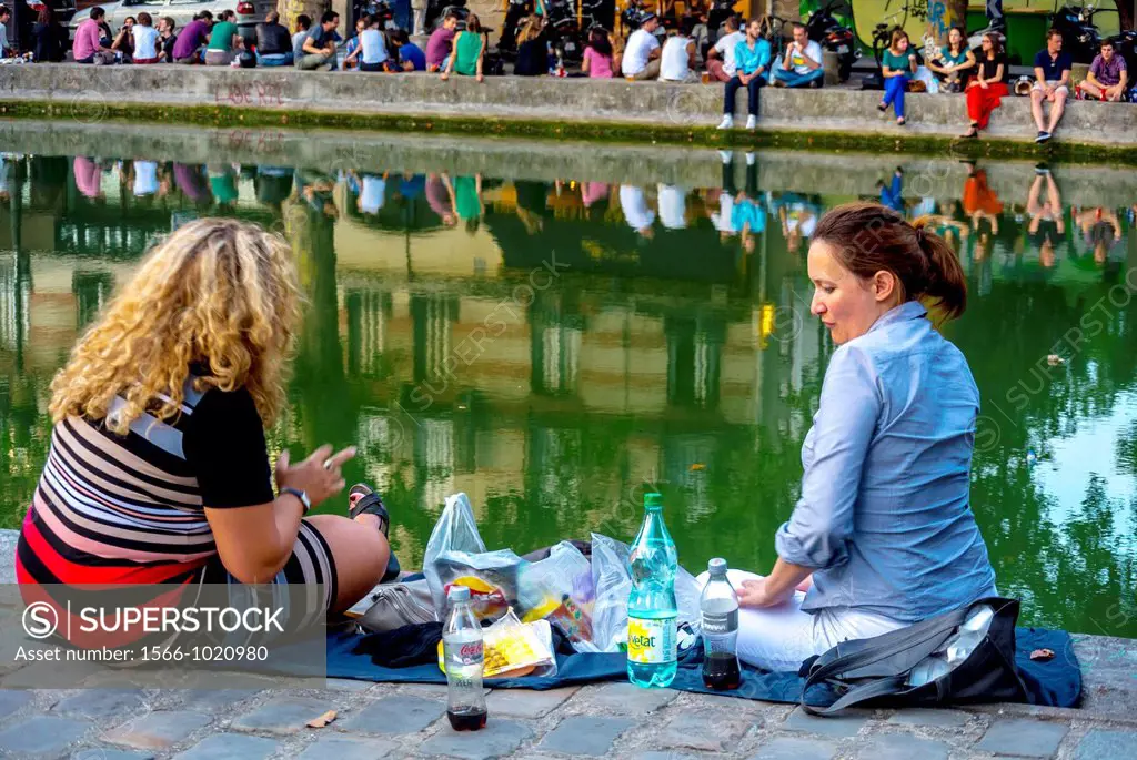 Paris, France, French Women Picnicking on the Canal Saint Martin