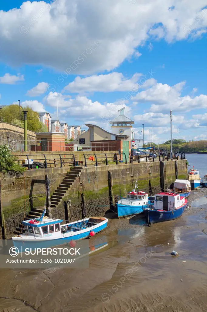 Boats at Ouseburn marina on the river Tyne near Newcastle Quayside, Newcastle upon Tyne, England, United Kingdom