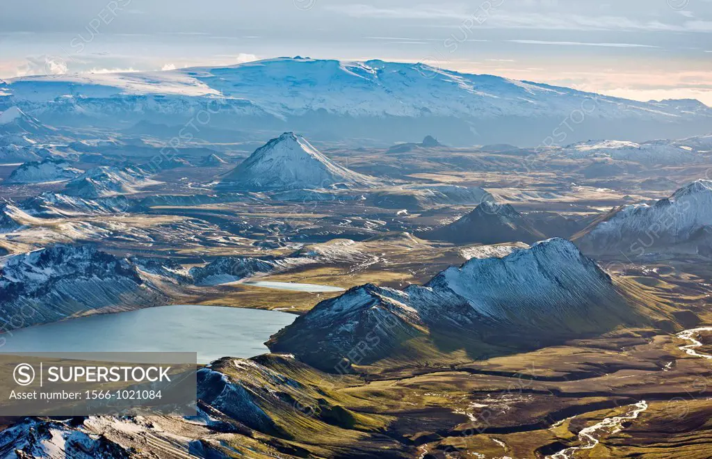 Aerial of Mountains, Emstrur Area  Iceland Region near Katla, a subglacial volcano under Myrdalsjokull Ice Cap  Icelandic volcanologists are expecting...