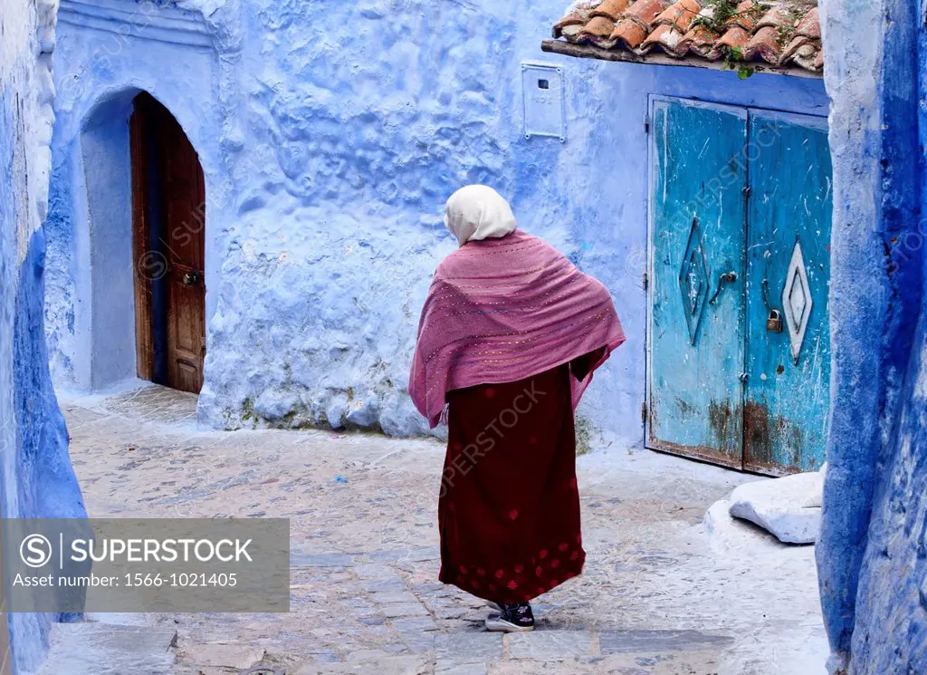 street scene in the atmospheric blue town of Chefchaouen, Morocco