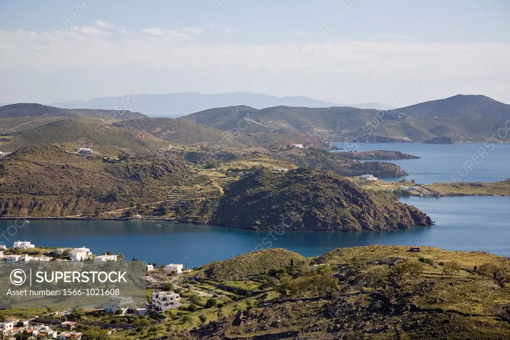 europe, greece, dodecanese, patmos island, panoramic view of skala