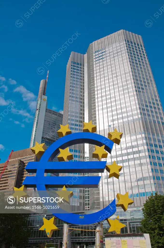 Euro sign in front of Eurotower building Frankfurt am Main city state of Hesse Germany Europe