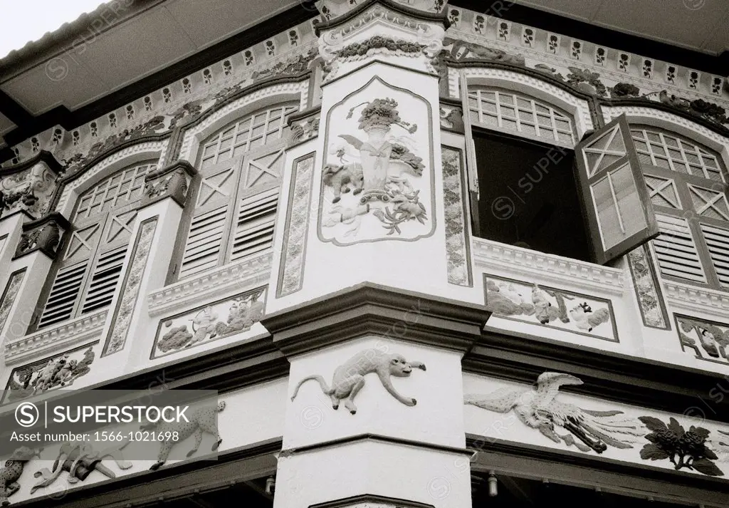 Traditional Peranakan, or Baba-Nonya, style shophouses in Singapore in Southeast Asia Far East. Peranakan is a Malay word that refers to the descendan...