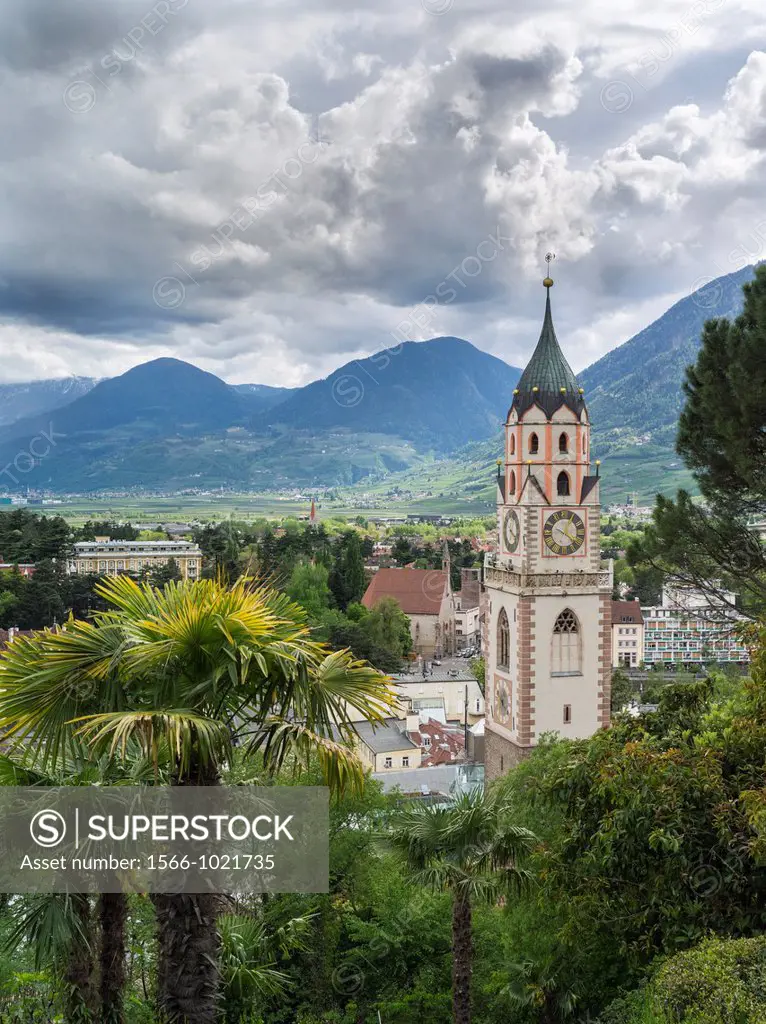 City of Meran Merano with church Europe, Central Europe, Italy, South Tyrol, April