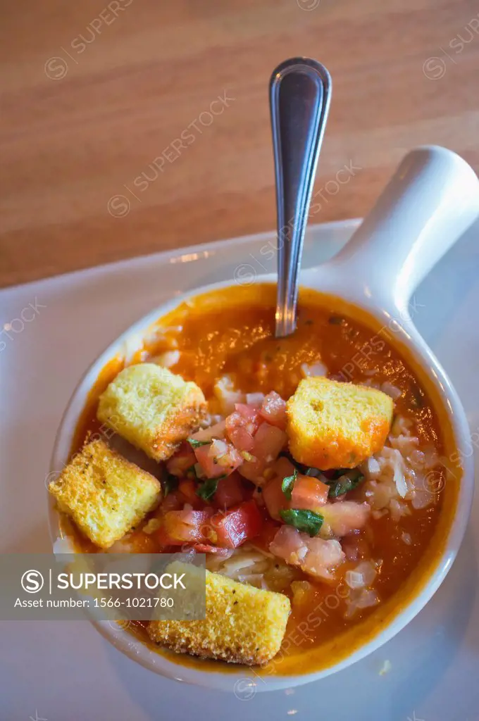 Bowl of hearty tomato soup with croutons